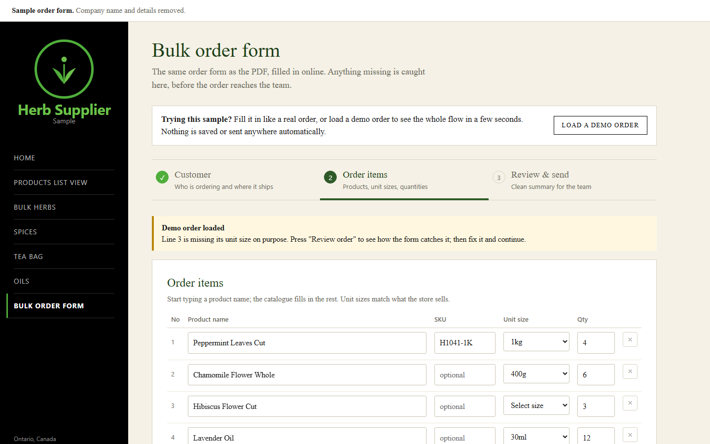 Sample online bulk order form with a demo order loaded